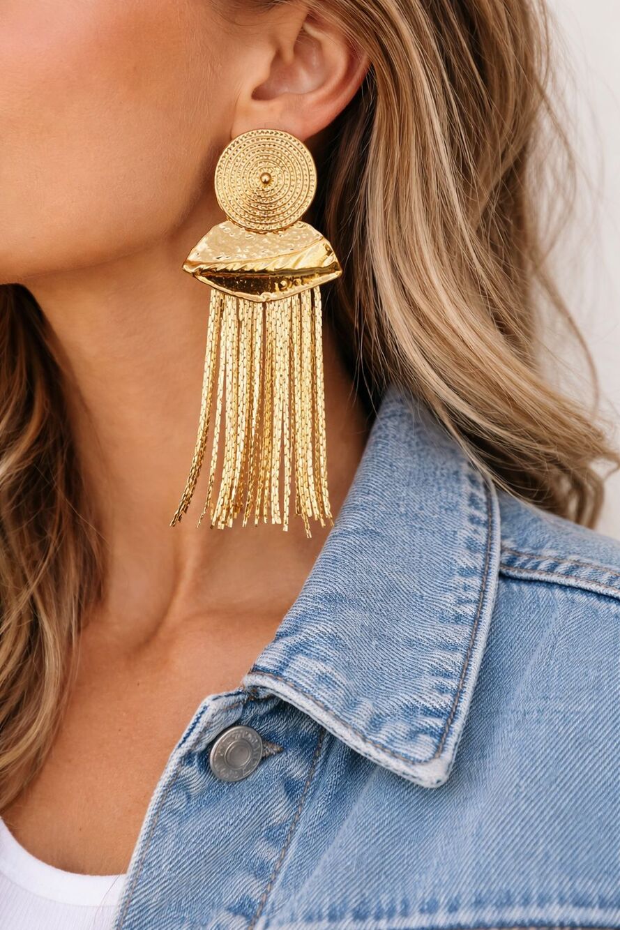 Vintage Gold Fringe Statement Earrings Hammered Disc Tassel Dangle Boho 80s